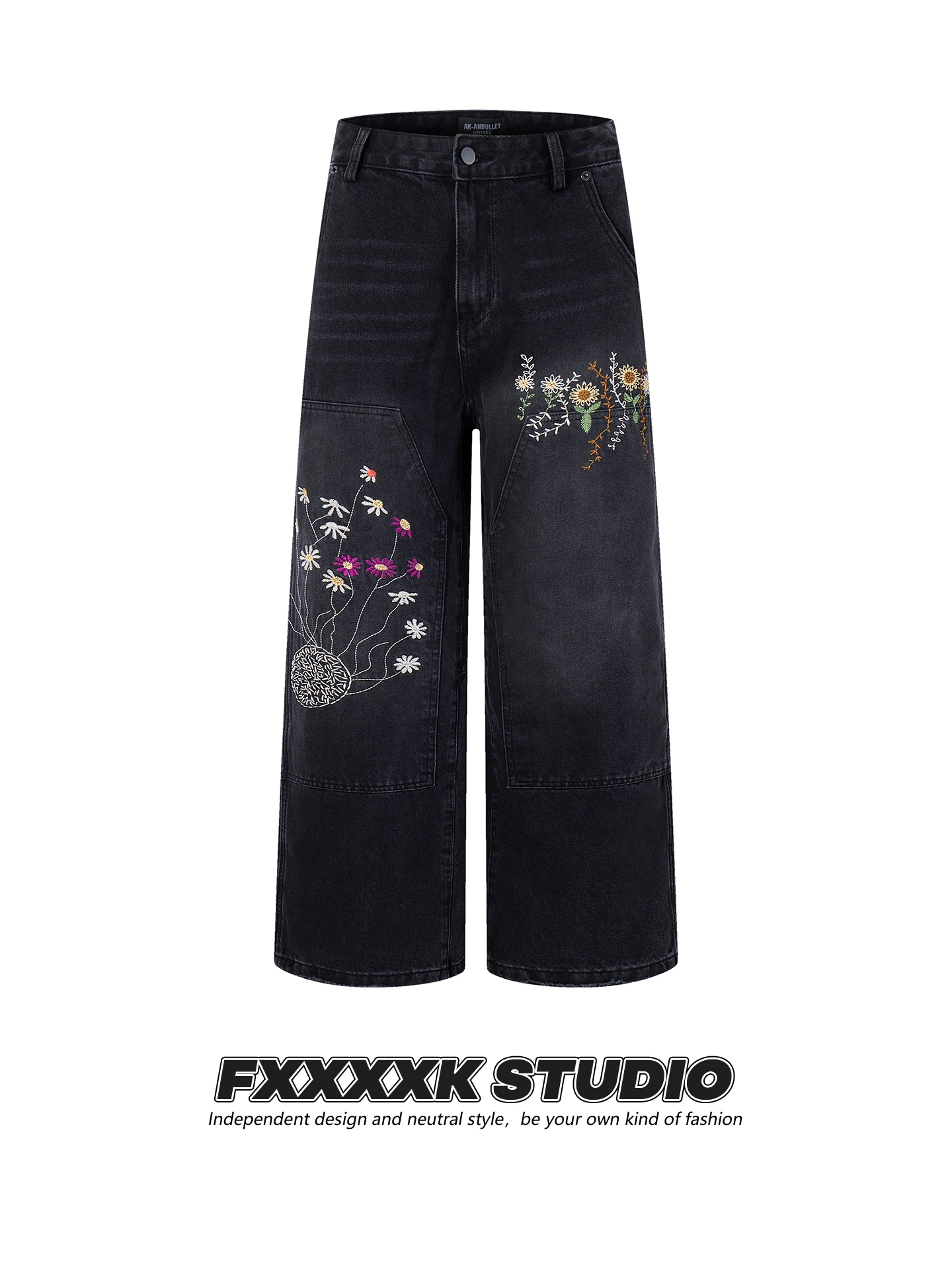 

Джинсы с цветочной вышивкой FXK, широкие штанины, унисекс, осенние, свободные, прямого кроя, с высокой талией, из хлопка и полиэстера