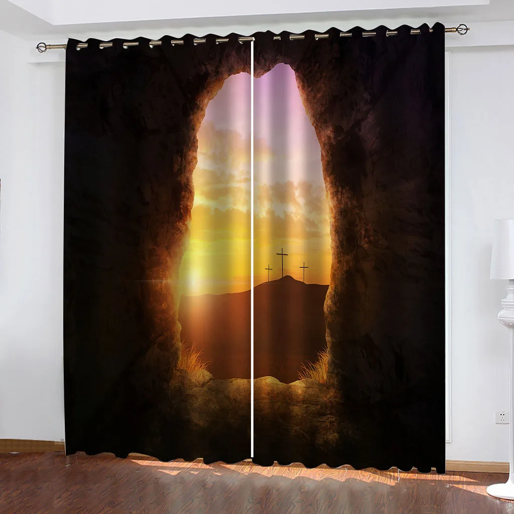 Customized Bedroom Blackout Curtains Cave Sunset Landscape Cheap Modern Curtains For Windows Living Room Decor 2 Pieces