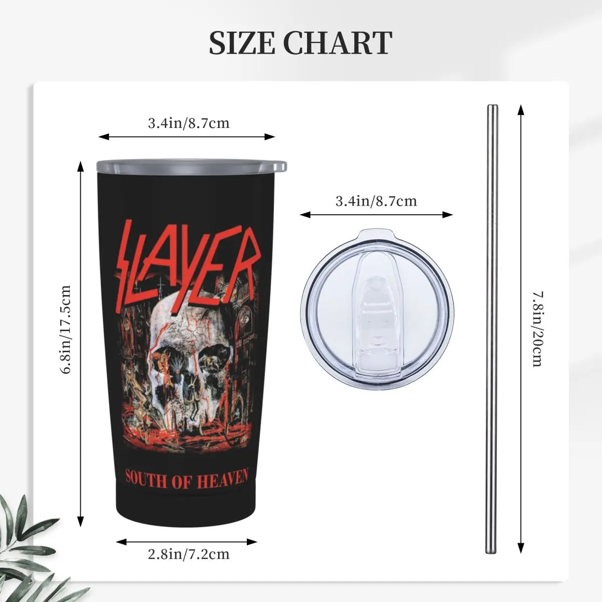 South Of Heaven Slayer Stainless Steel Tumbler Vacuum Insulated Mug Thermal Cold Cup Straw With Lid 20oz