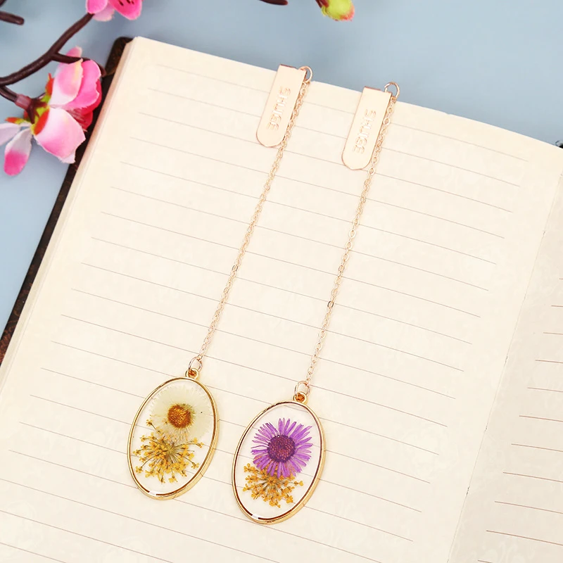 Creative children's Book Clip Student Stationery Decoration Crystal Dried Flower Alloy Bookmark Accessories Book Pendant Gift