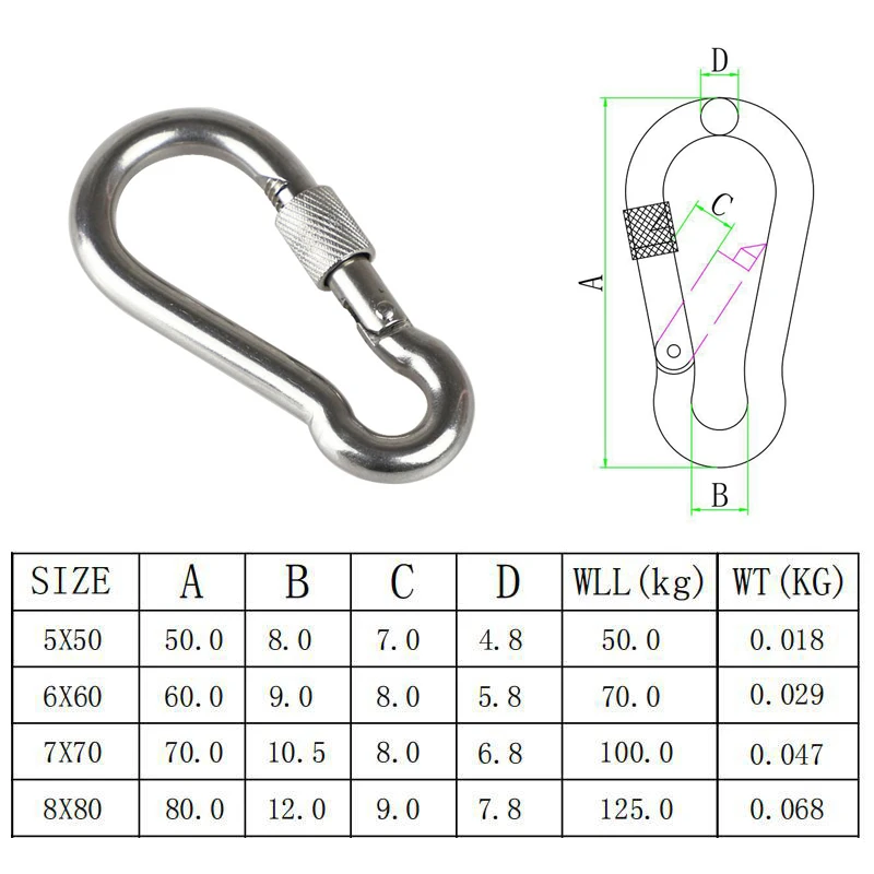 1PCS Carabiners Hook Clip Stainless Steel 304 50mm 60mm 70mm 80mm Length Stainless Steel Climbing Carabiners Marine For Sale