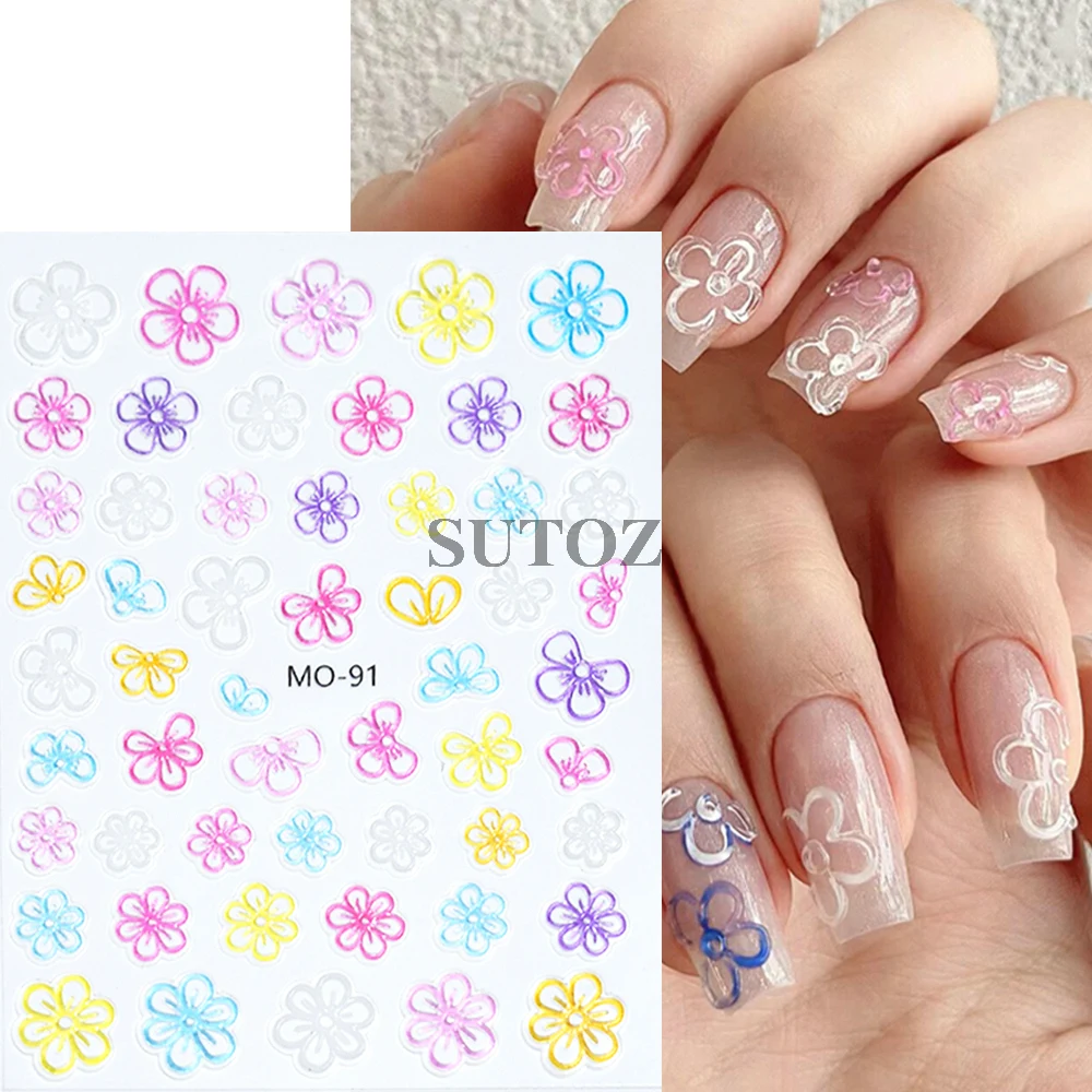 5D Embossed Flowers Nail Art Stickers Colorful Jelly Petal Stars Love Heart Nail Decals Dopamine Style Manicure Wraps LEBMO-92