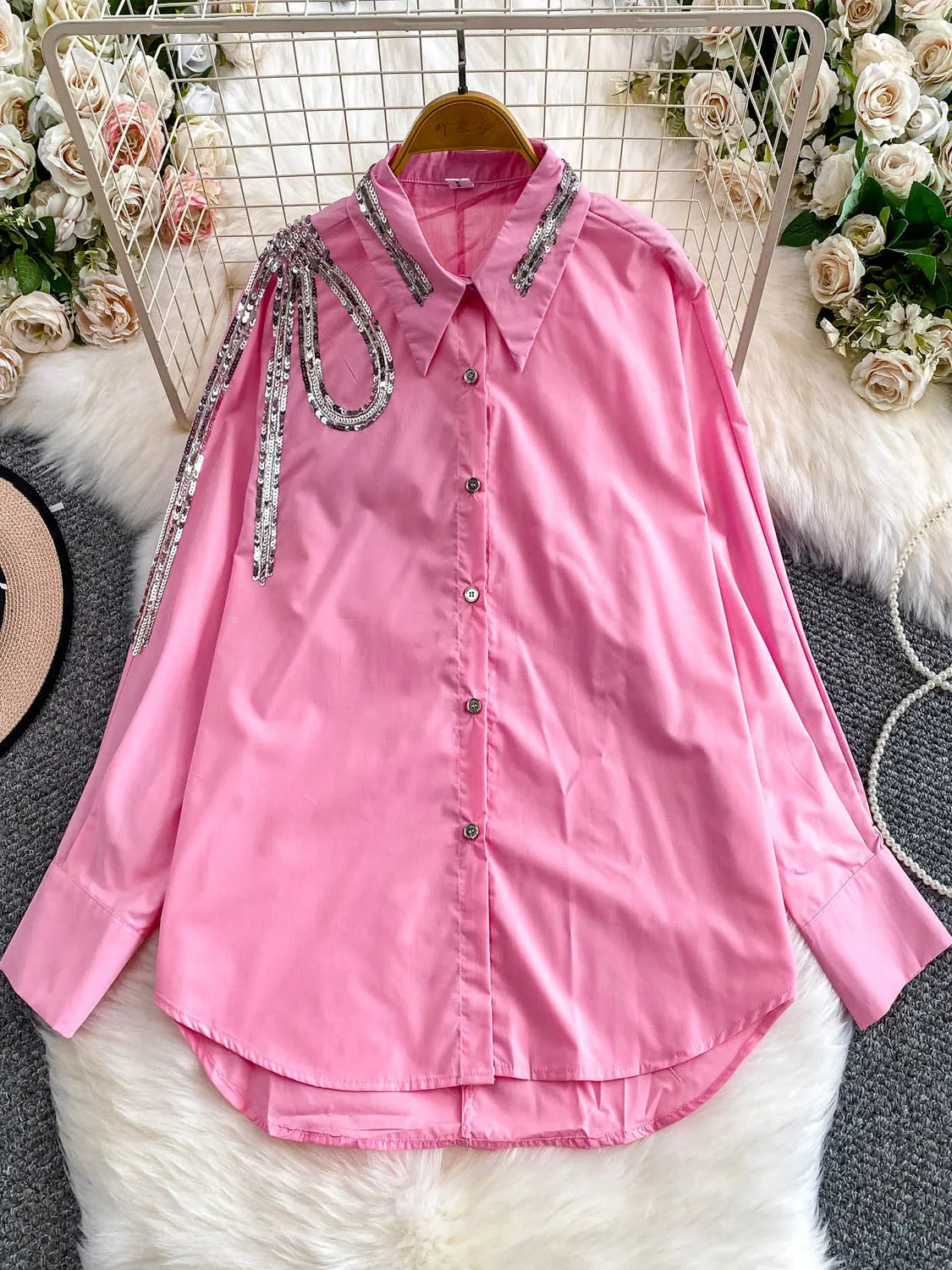 

Женские розовые рубашки и блузки с воротником поло, винтажные эстетические элегантные рубашки с воротником-поло 2000-х годов, рубашка с длинными рукавами и блестками, осенняя одежда