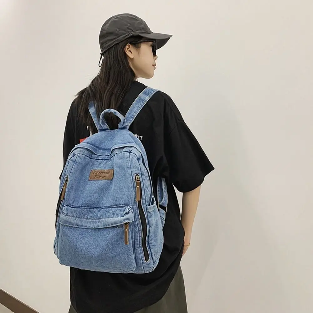 

Multi Pockets Denim Backpacks Shoulder Bag Rucksack Cowboy Schoolbags Large Capacity Retro Student Jeans Bag Girl College