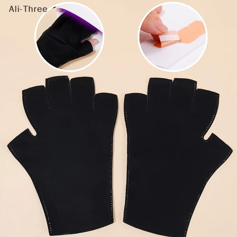 زوج من أدوات الأظافر المضادة للأشعة فوق البنفسجية قفازات الشمس السوداء نصف مكشوفة بأطراف الأصابع قفازات العلاج بالضوء مقطع قصير مع الشريط #1