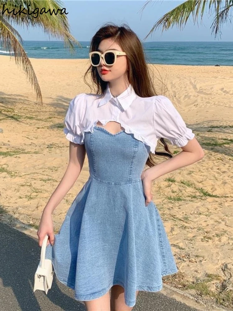 Summer Dress Suit Fashion Two Piece Set for Women Sweet Ruffles White Crop Tops Slim Denim Sling Dress Sets Korean Y2k Clothes