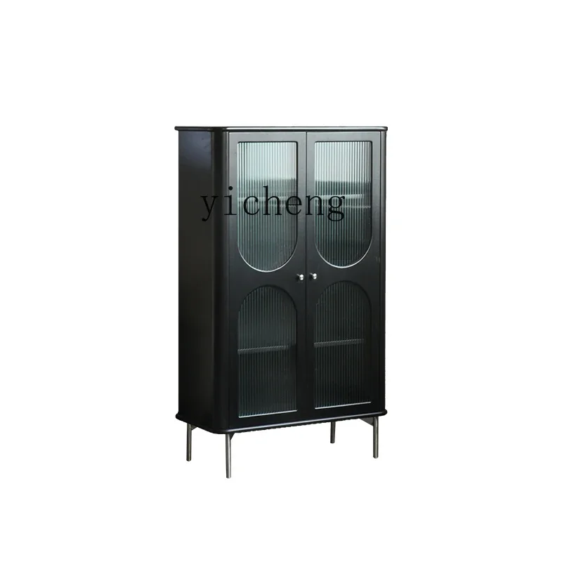 ZC Living Room Wall Locker Dining Room Glass Door Visual Cabinet Adjustable Laminate Wine Cabinet Black Vintage