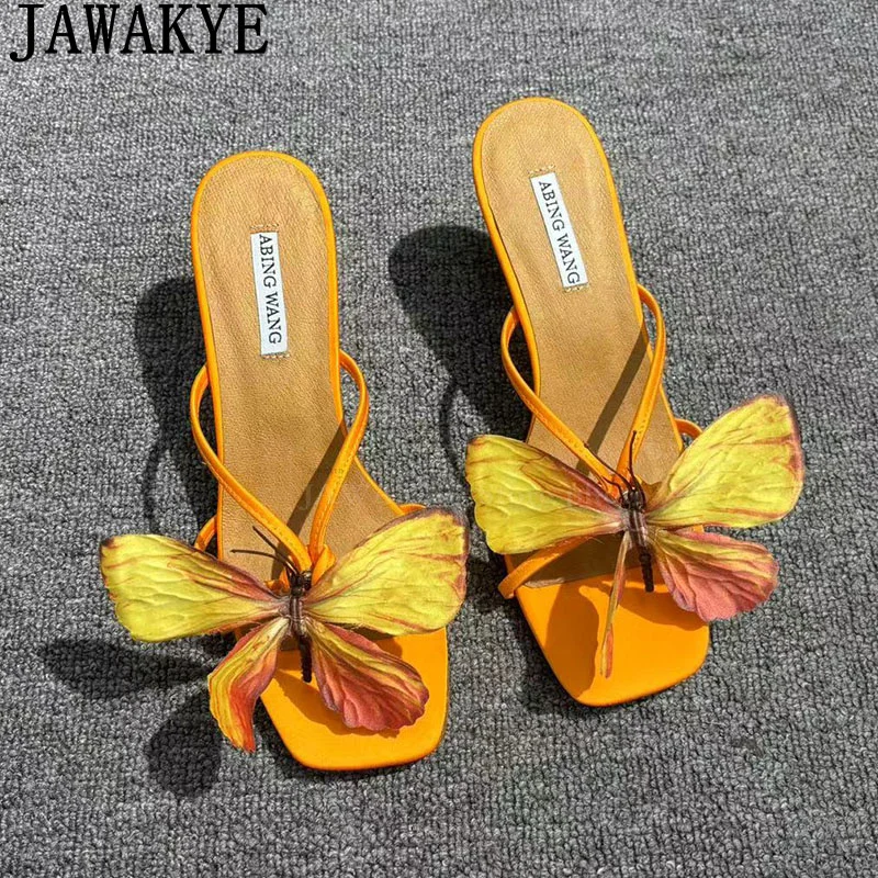 JAWAKYE New Butterfly Kitten Heel pantofole donna Square Toe Mules pantofole scarpe da banchetto estive pantofole da festa bohémien