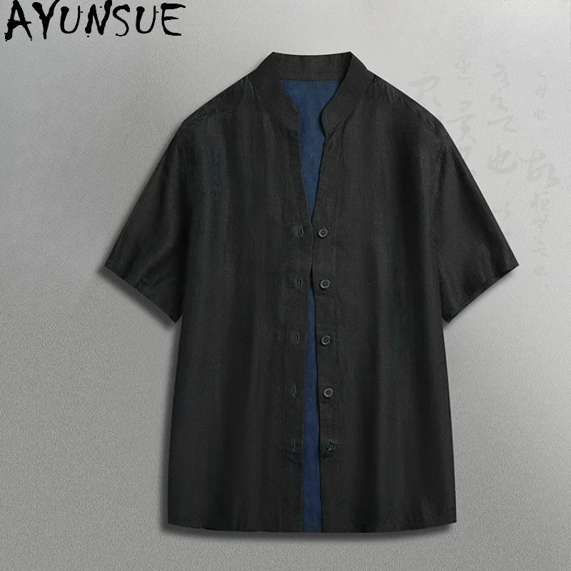AYUNSUE High-end 100% Real Mulberry Silk Shirts for Man Luxury Watered Gauze Top Reversible Short Sleeve Shirt Fashion T Shirt