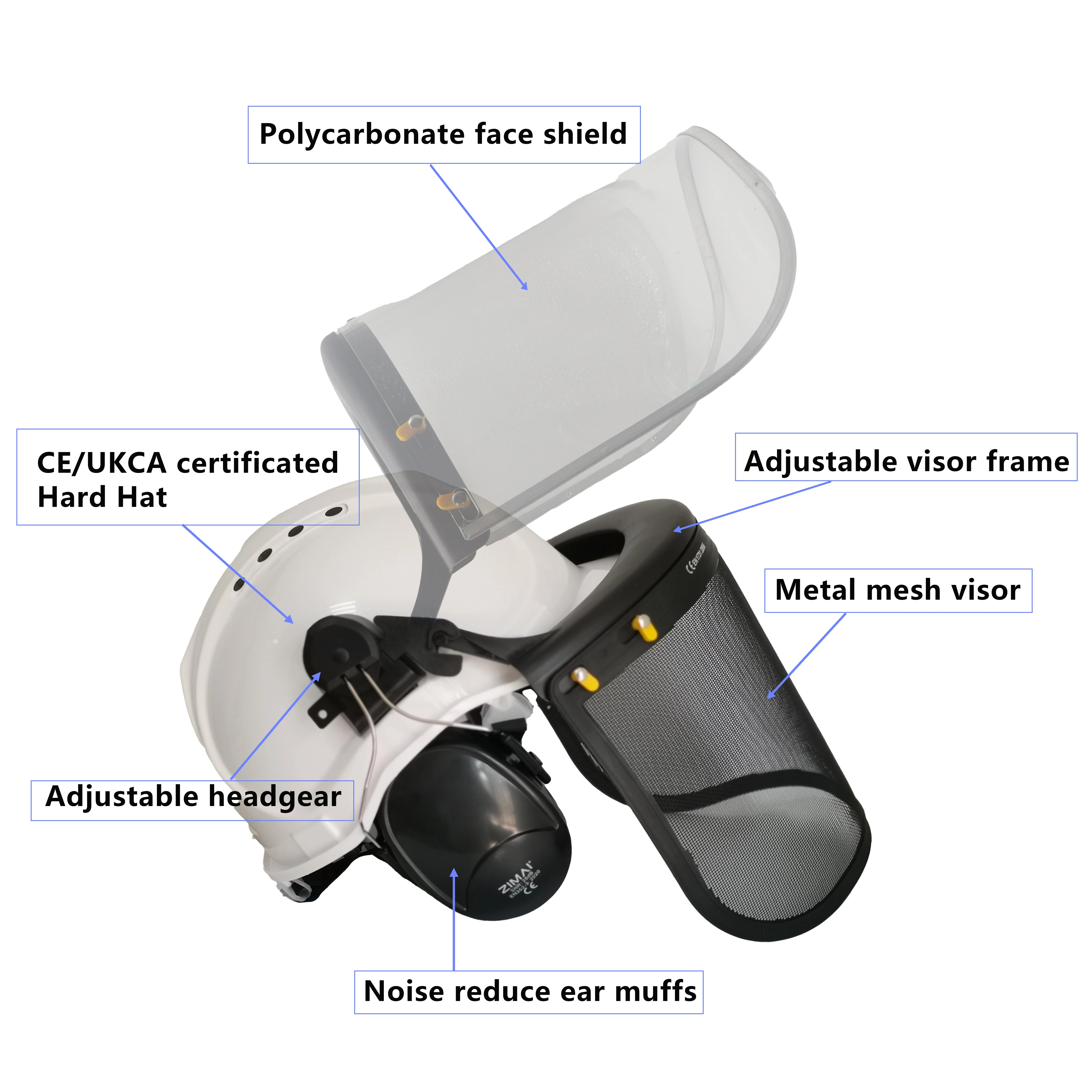 Casco di sicurezza forestale industriale 5 in 1 con paraorecchie, visiera per motosega a rete e elmetto certificato CE con faccia in plastica