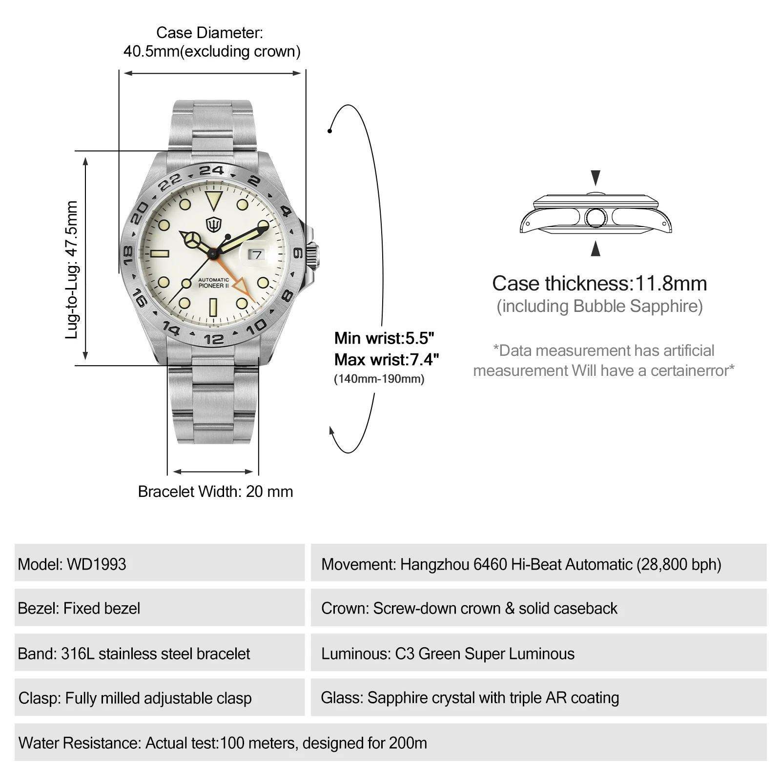 Watchdives WD1993 40mm HangZhou6460  Automatic Mechanical GMT Watch 37mm Dive Watch Sapphire Crystal BGW9 Lume 100M Waterproof