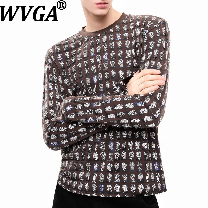 

WVGA осень-зима новая мужская футболка с принтом High Street антикварная модная футболка с длинными рукавами нишевые шикарные повседневные топы с круглым вырезом Ins W13365