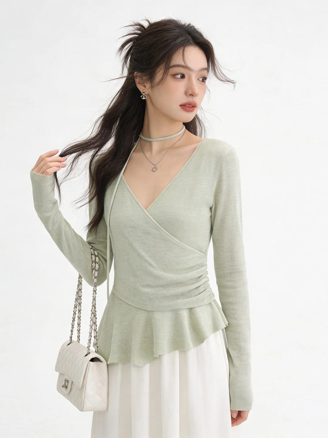 Mint Green Knitted V-Neck Crossed Pleated Slimming Short Top Spring Fashion Casual Style Standard Fit Long Sleeve T-Shirt