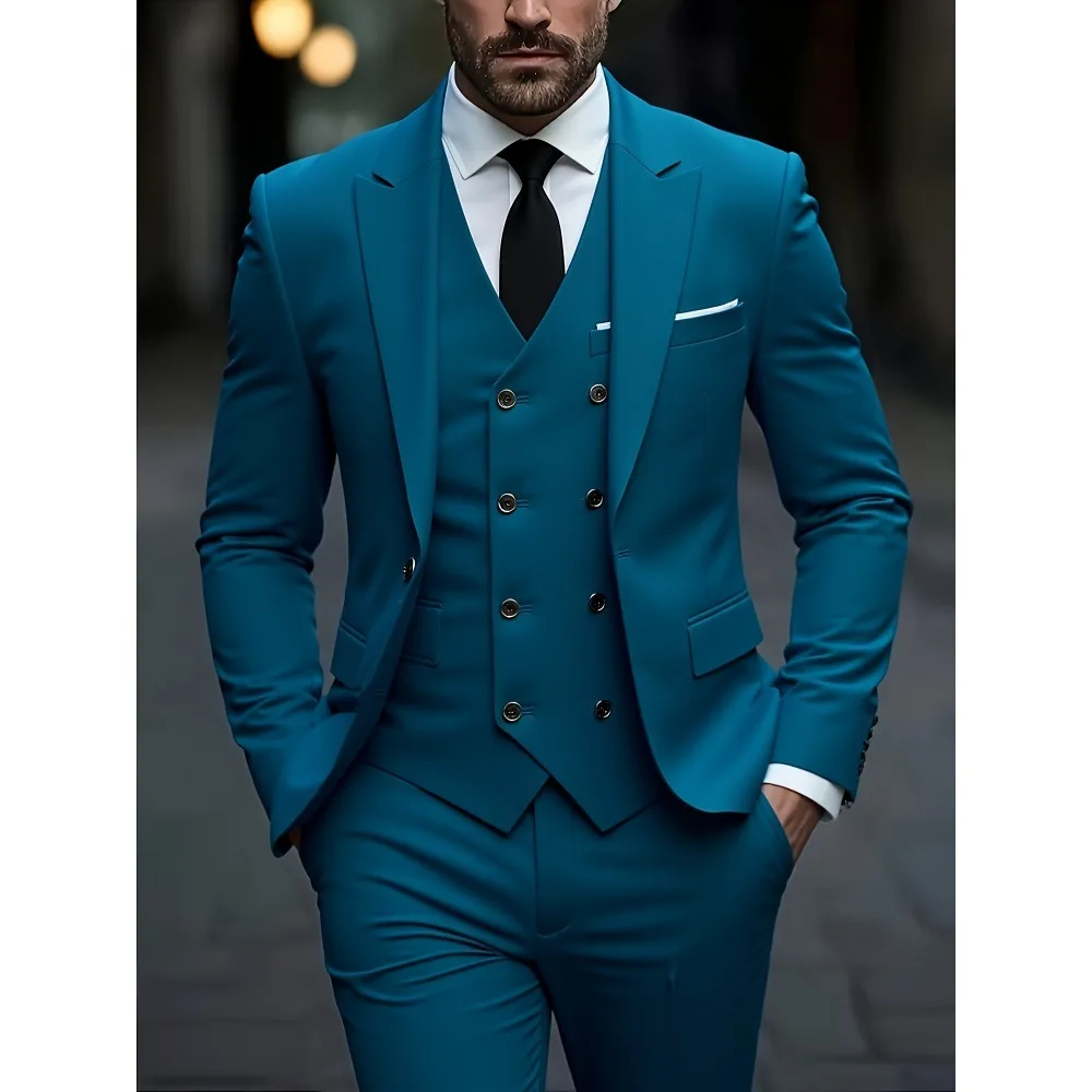 

Teal Three-Piece Slim-Fit Suit Set with Double-Breasted Vest, Premium Blend Fabric for Weddings, Evening Galas & Fashion Events