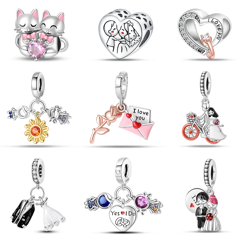 New 925 Silver Color Romantic Love Letter Wedding Dress Charms Beads Fit Pandora 925 Original Bracelet DIY Jewelry Proposal Gift