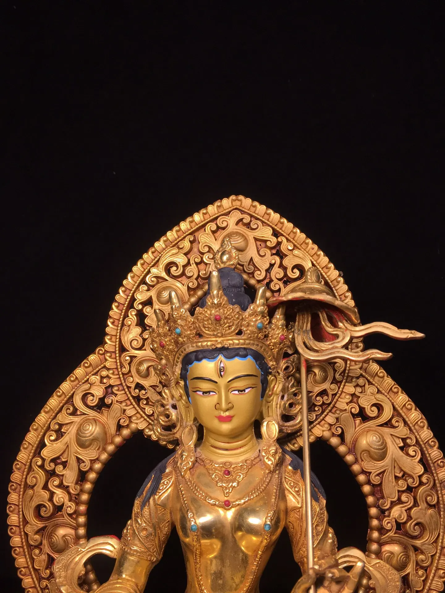 

13"Old Xizang Folk Collection Old Bronze Gilded Painted Face Mosaic Gem Usnisa-sitatapatra Lotus Terrace Buddha Backlight
