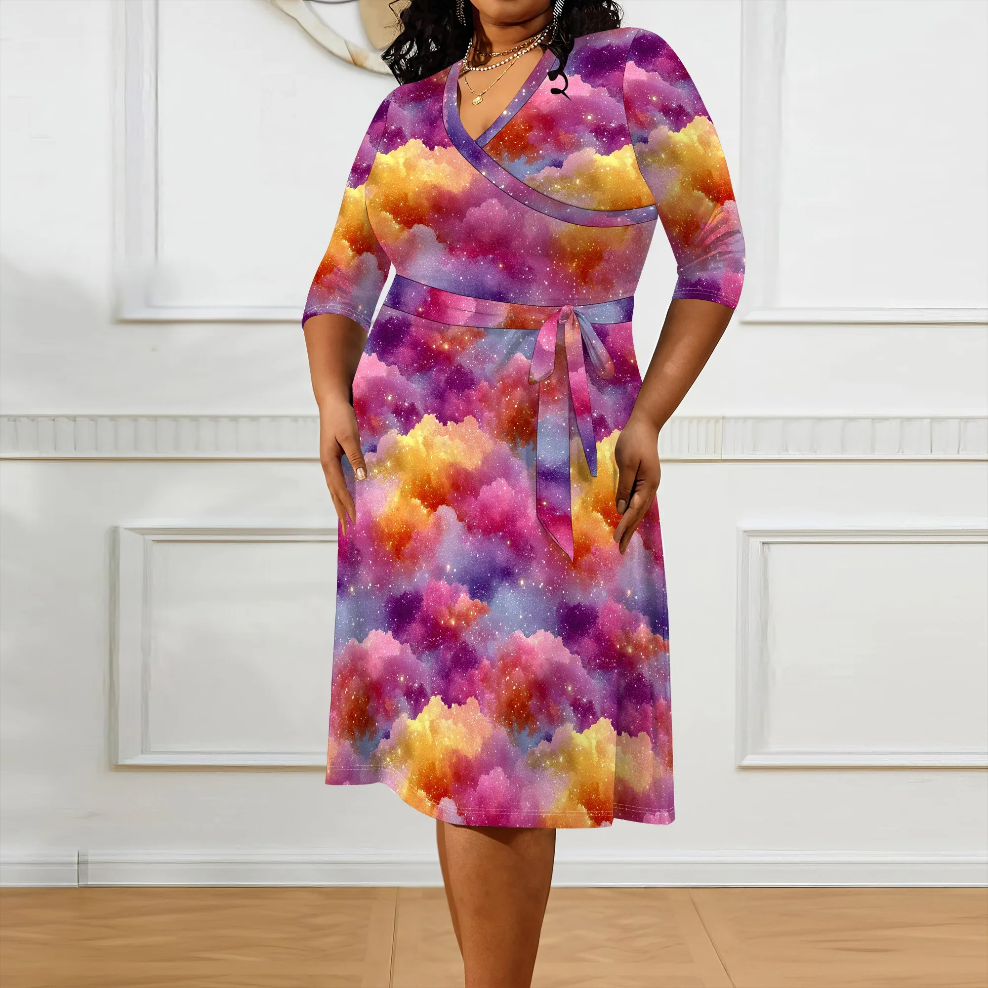 Plus Size Galaxy Cloud Wrap Dress XL-6XL Colorful V-Neck Midi Dress with 3/4 Sleeves for Party, Festival or Holiday Look
