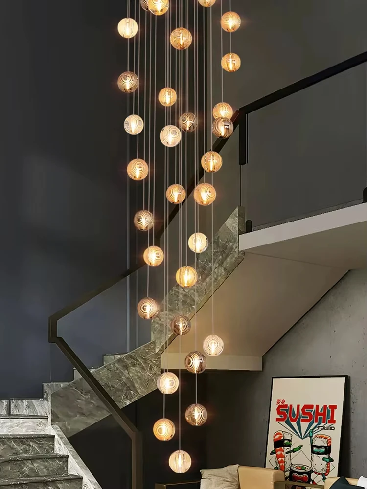 

New Model LED Ball Chandelier Home Decoration Duplex Building Staircase Pendant Light Ceiling Chandelier Remote Control Lighting