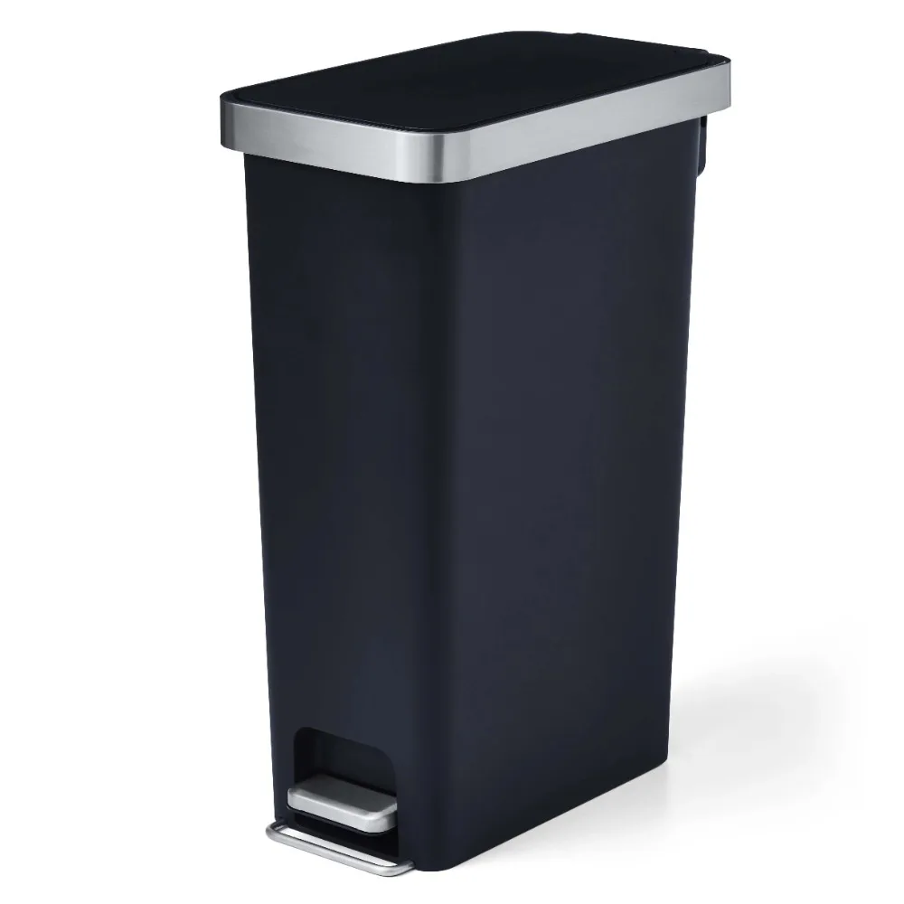 

10.5 Gallon Trash Can Plastic Slim Step On Kitchen Trash Can Bathroom Bin Free Shipping Black Bucket Garbage Cans Home Supplies