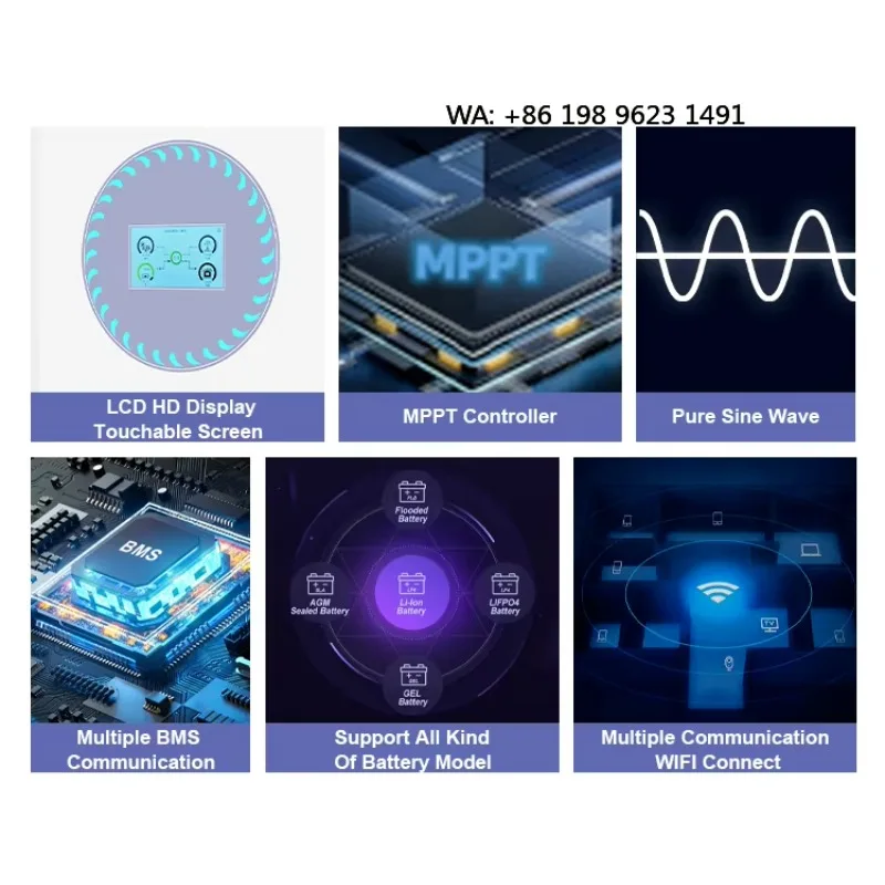3KW-10KW Low Voltage Single Phase Hybrid Solar Inverter Dual MPPT Touchscreen Grid-Tie Solar PV Equipment