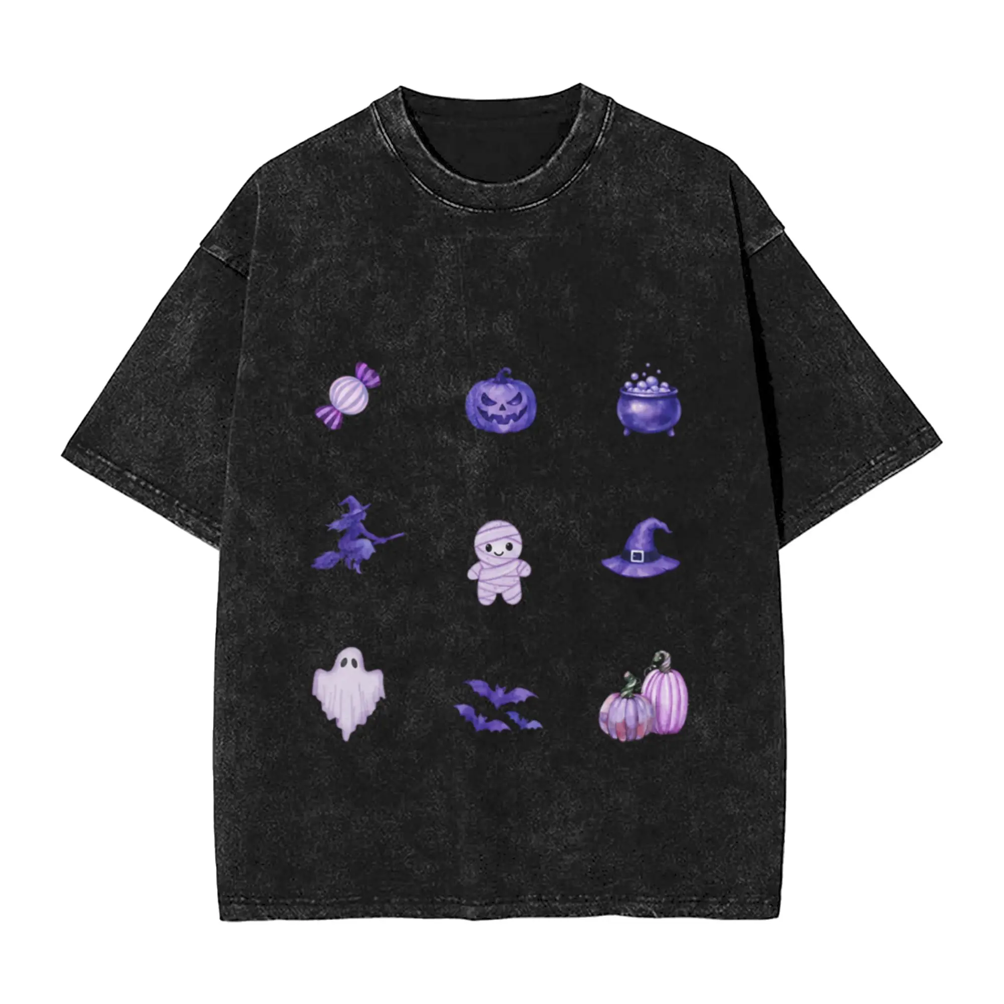 Watercolor Spooky Purple Halloween  Unique Chic A T-Shirt Oversized Short Sleeve Men's Women's Cotton Tees Tops