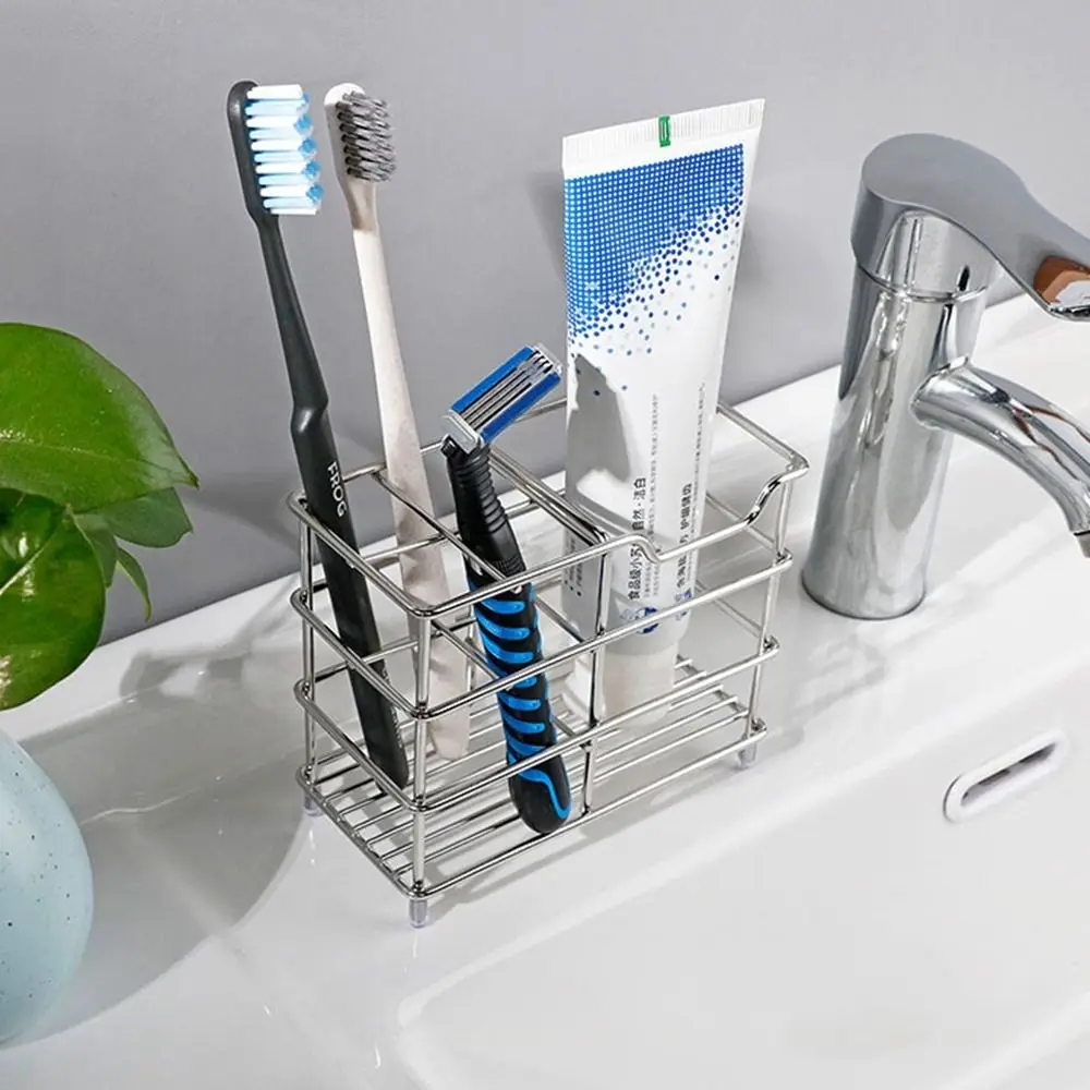 Stainless Steel Toothbrush Holder Black/Silver Non-Slip Toothpaste Holder Stand Saving Space Easy to Clean