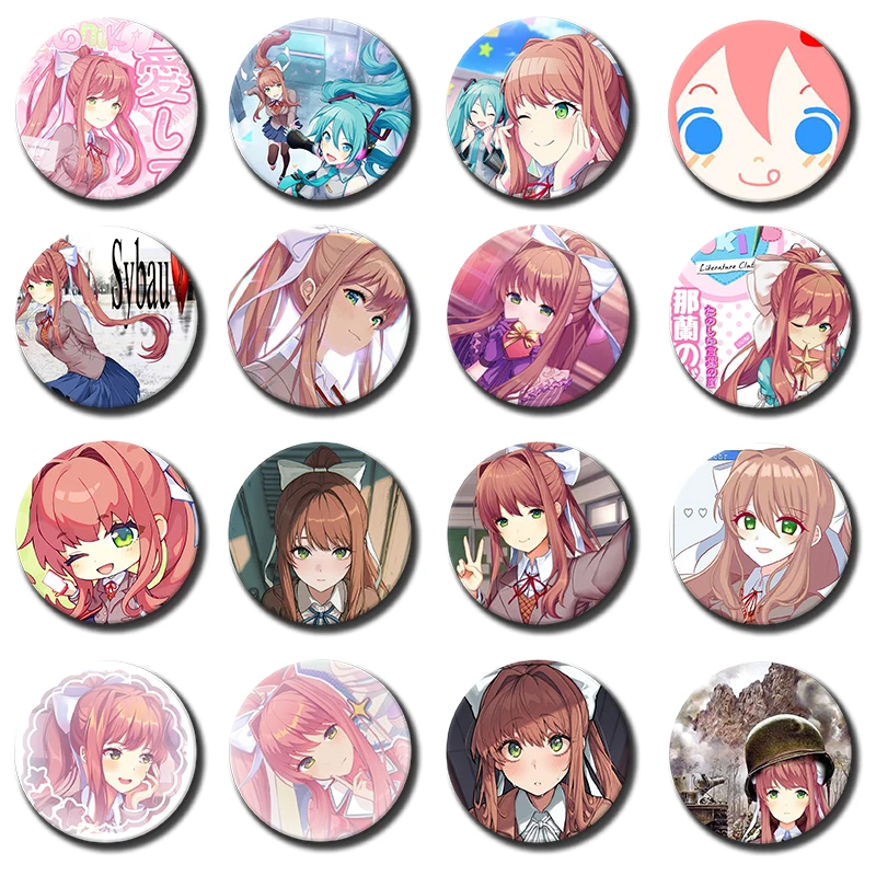 Cute Anime Girl M-Monika Button Brooch Cartoon Game Figure Cosplay Badge Handmade Round Lapel Pins Backpack Clothes Jewelry Gift