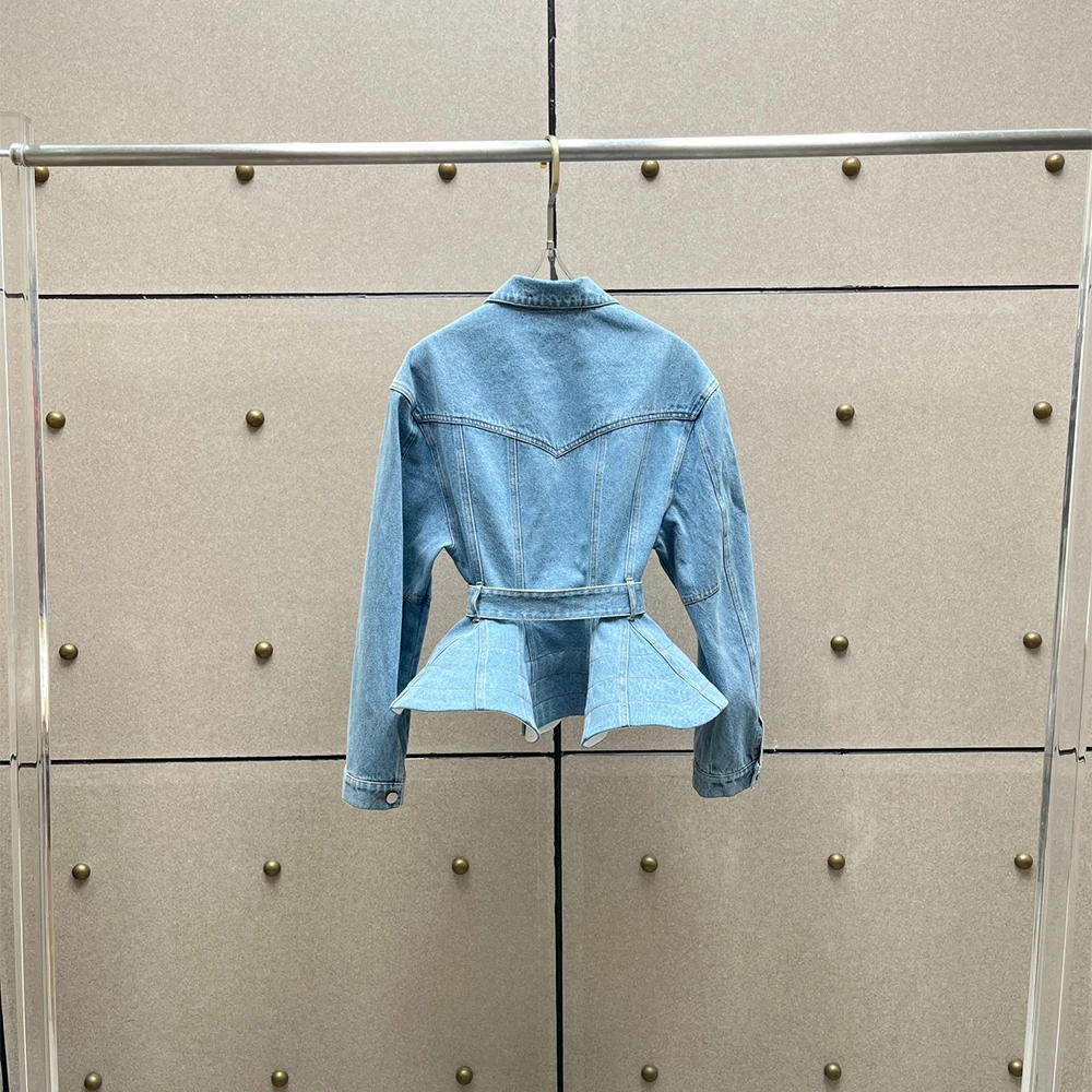 

Women's Slim Fit Cotton Blended Denim Jacket with Peplum Hem And Waist Belt Single Breasted Long Sleeve Streetwear Jean Coat