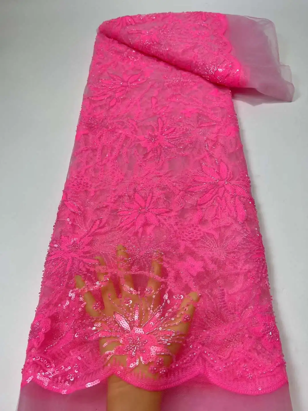 Hot Pink Nigerian Shinny Sequins Lace Fabric 19JRB-1272 French Embroidered Lady Show or Party Dress