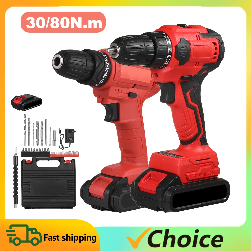 30/80N.m 21V Brushless Lithium Drill Set Electric Drill Power Screwdriver LED Work Light 2-variable Speed 25+1 Torque Adjustment