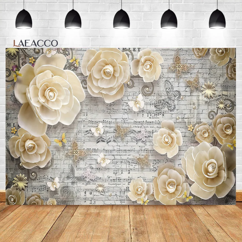 

Laeacco White Brick Wall Note Graffiti Flower Butterfly Background Music Theme Birthday Wedding Portrait Photography Backdrop