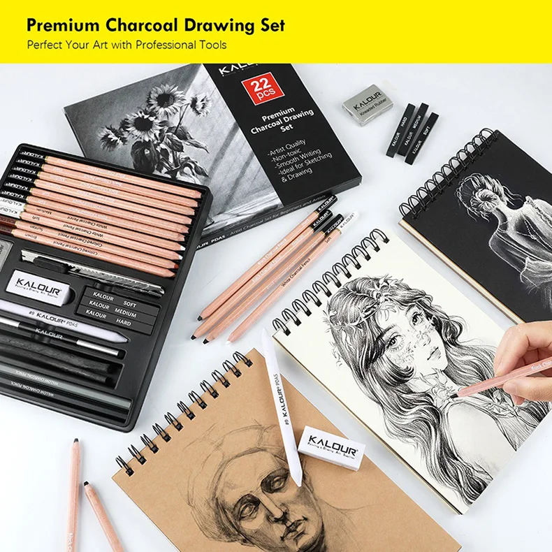 KALOUR Premium Skizzierstift-Set in Eisen-/Kartonbox, Kohlestifte, Zeichenset, Geschenk zum Schattieren/Detailieren/Verblenden/Hervorheben – Detail 13
