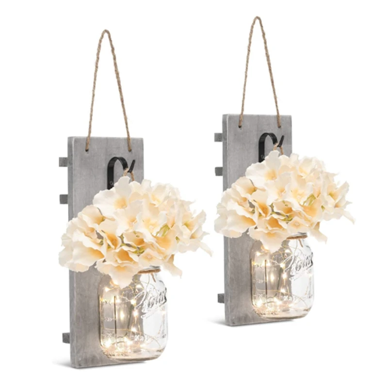 

Rustic Wall Sconces-Mason Jars Sconce Home Decor Wrought Iron Hooks Silk Hydrangea And LED Strip Lights Decoration