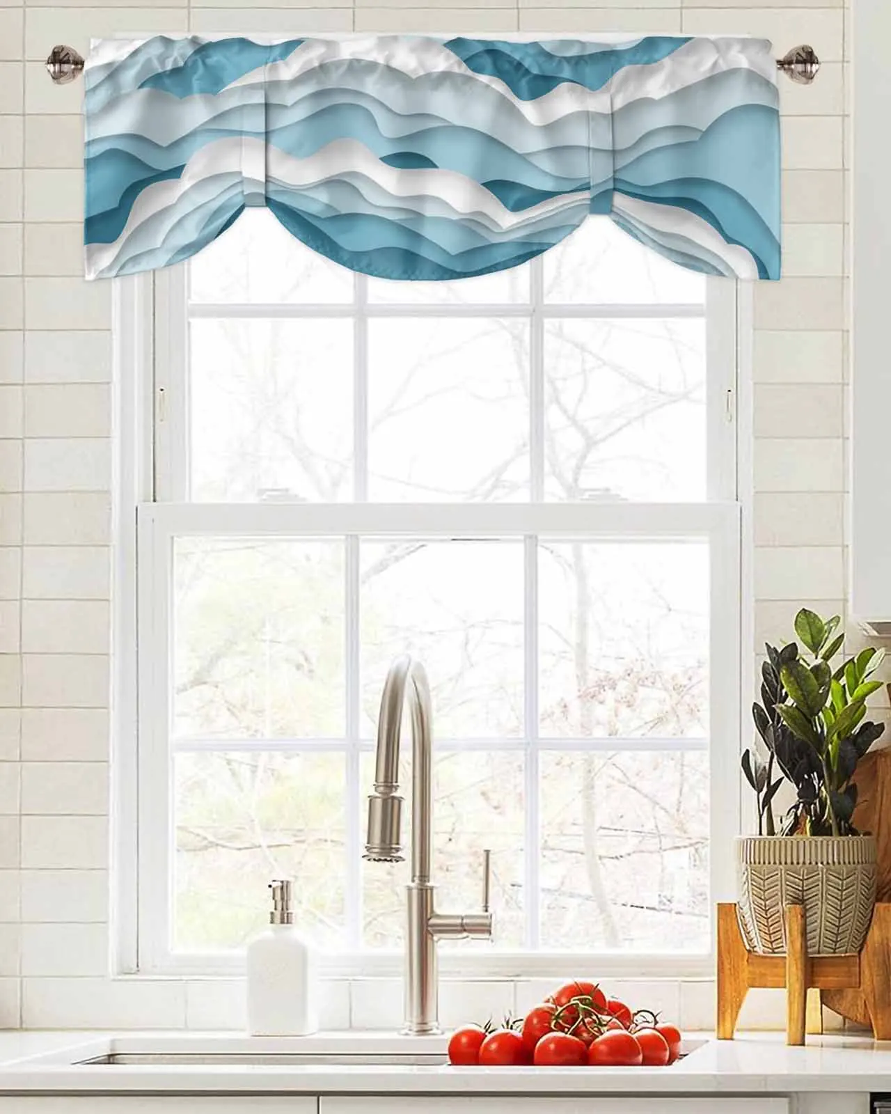 Ocean Waves Spray Blue Gradient Short Window Curtain Adjustable Tie Up Valance for Living Room Kitchen Window Drapes