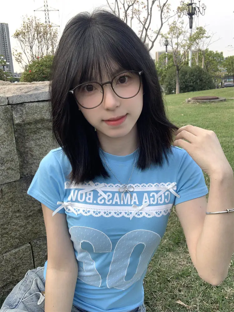 

Onalippa American Style Spicy Girl Bow Lace Short Sleeved T-shirt Women Summer 2025 New Slim Fit Exquisite Unique Base Top