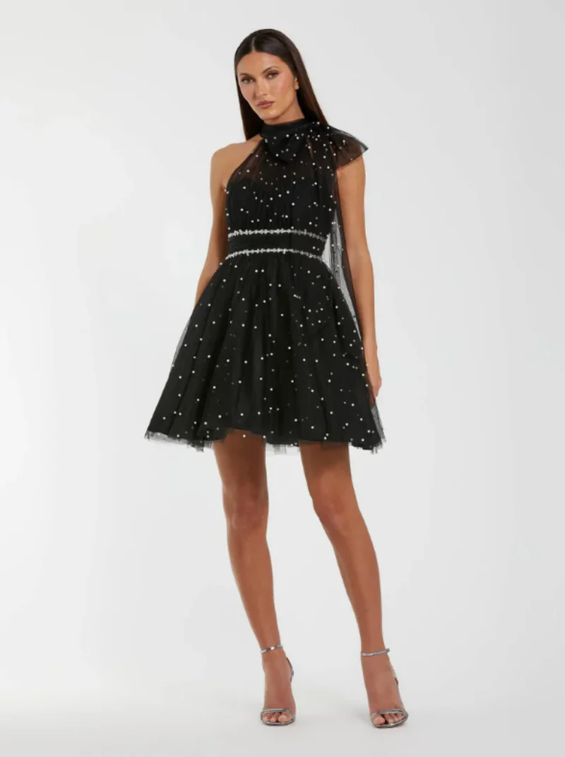 Vestidos de Noche acampanados de tul negro personalizados, vestido de fiesta corto sin mangas con cuello Halter, vestido de fiesta de perlas con cuentas de lujo