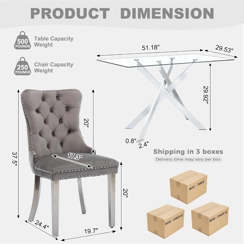 طقم طاولة طعام زجاجية مقاس 51 بوصة لـ 4، طاولة مطبخ زجاجية مستطيلة مع 4 كراسي مخملية منجدة، 5 قطع حديثة #3