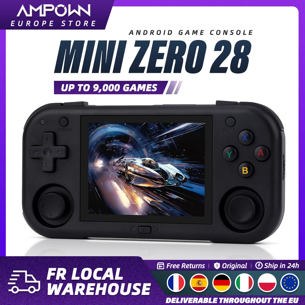 Console de jeu portable AMPOWN Mini Zero 28, lecteur de jeux rétro, écran IPS 2,8 pouces, système d'exploitation Android A133P, 2 Go de RAM, Wi-Fi 2,4 G, 2900 mAh, 512 Go TF, lecteur de jeux vidéo de