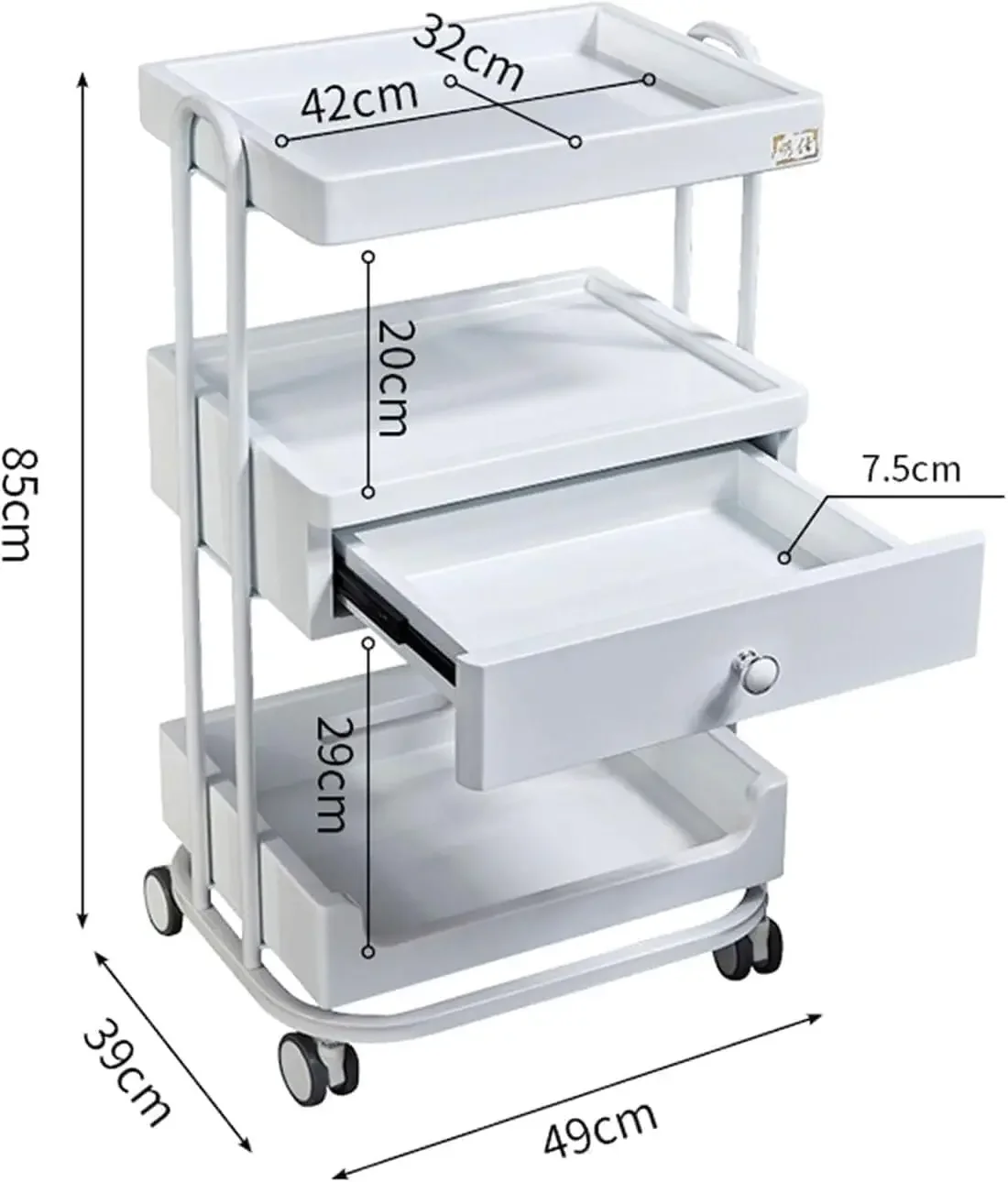 Salon Cart Metal Salon Trolley 3-Tier Rolling Beauty Cart with Large Drawer, Casters, Steel Tube Frame, Light Gray