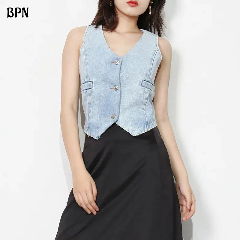 

BPN Sexy Patchwork Bandage Denim Waistcoats For Women V Neck Sleeveless Off Shoulder Backless Soild Crop Tops Female Fashion New