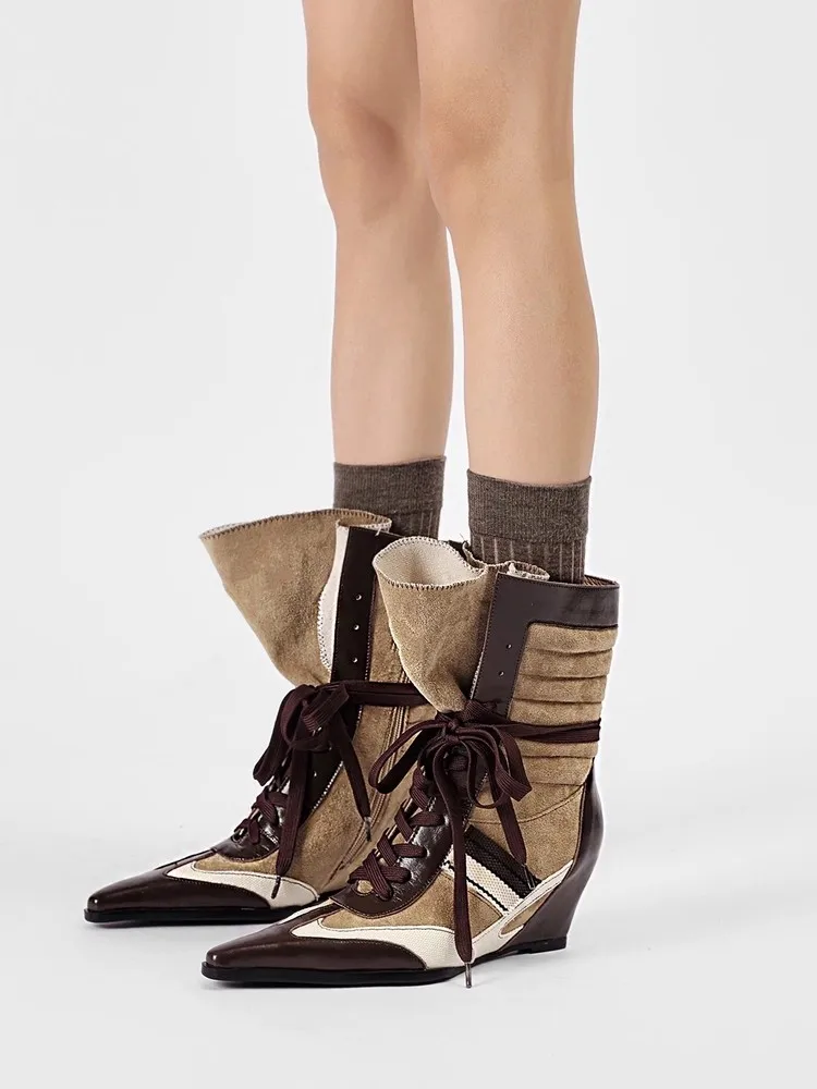 

New Lace Up Color Blocked Short Boots Sporty Boxing Boots Wasteland Retro Women's Interior Height Increasing Sloping Heel Boots