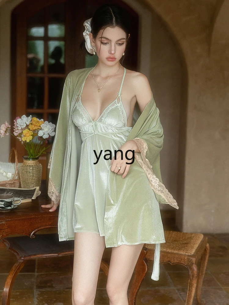 CX spring and summer new ice silk set suspender nightgown nightgown two-piece set