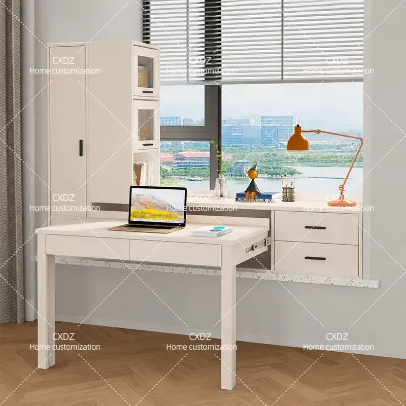 Cream Bay Window Cabinet Custom Locker Office Computer Desk Household Retractable Desk Bookcase Integrated 8L51-1