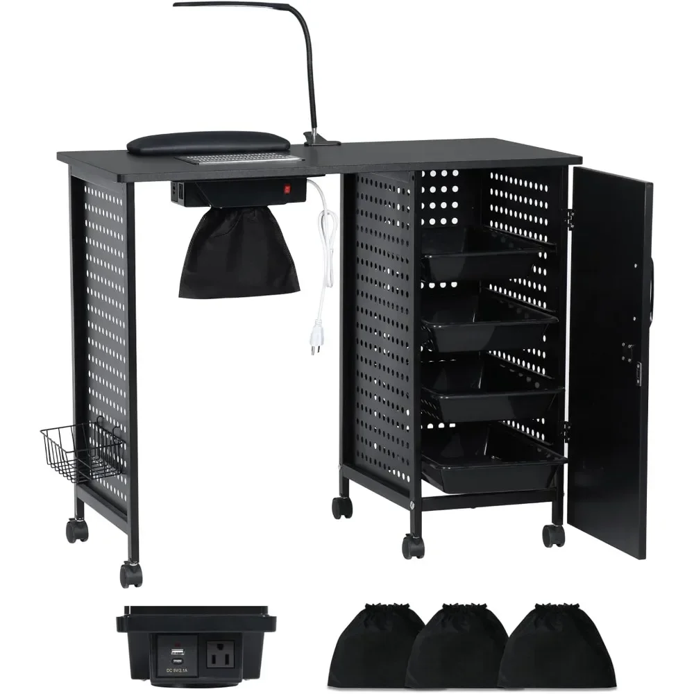 

Маникюрный стол, Столы для ногтей, с 4 большими ящиками, светодиодной лампой, пылесборник с запираемыми колесами и зарядная станция