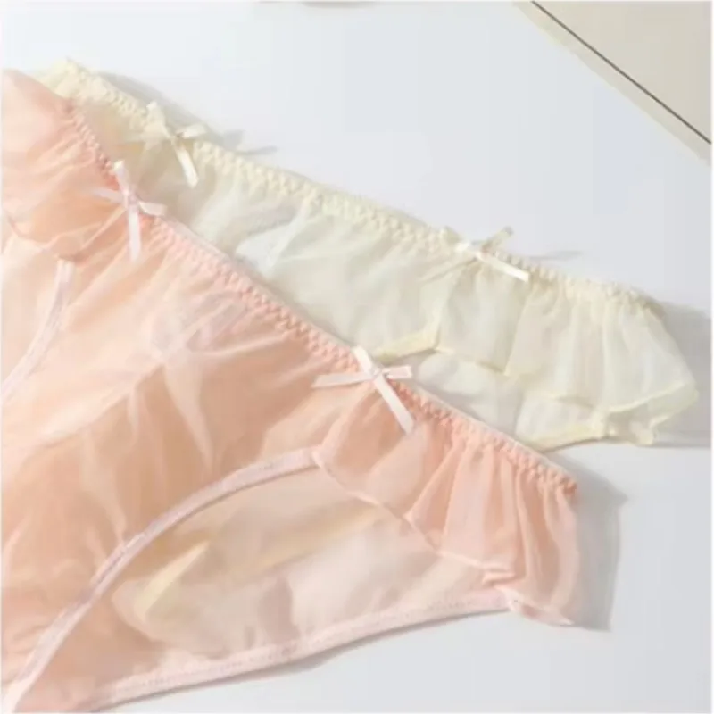 Man's Sheer Mesh Briefs, Ruffle Trim Bow Decor Low Waist Convex Pouch Panties, LGBQ Soft Transparent Underwear