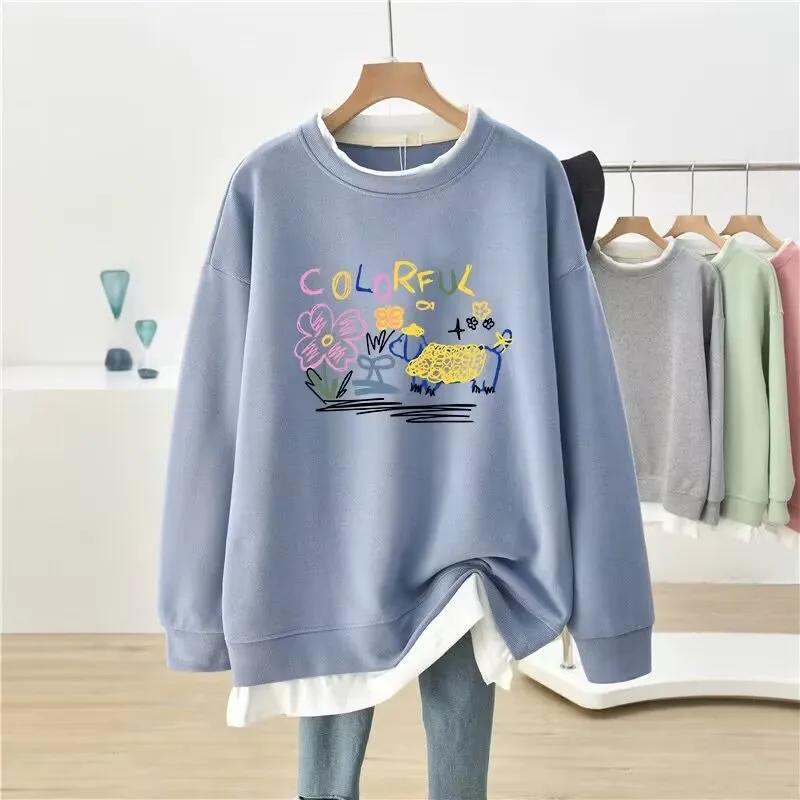 DAYIFUN-Plus Size Hoodies für Frauen Gefälschtes zweiteiliges Design bedruckt Pullover Sweatshirts Mode O Hals Top Frühling Herbst Neu 2024