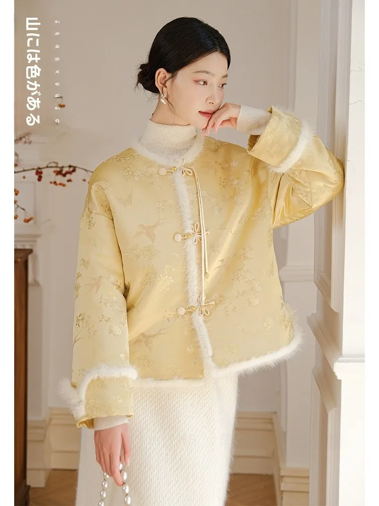 

Осенне-зимняя хлопковая куртка с золотой вышивкой, новогодняя, в китайском традиционном стиле, с меховым воротником, женская верхняя одежда