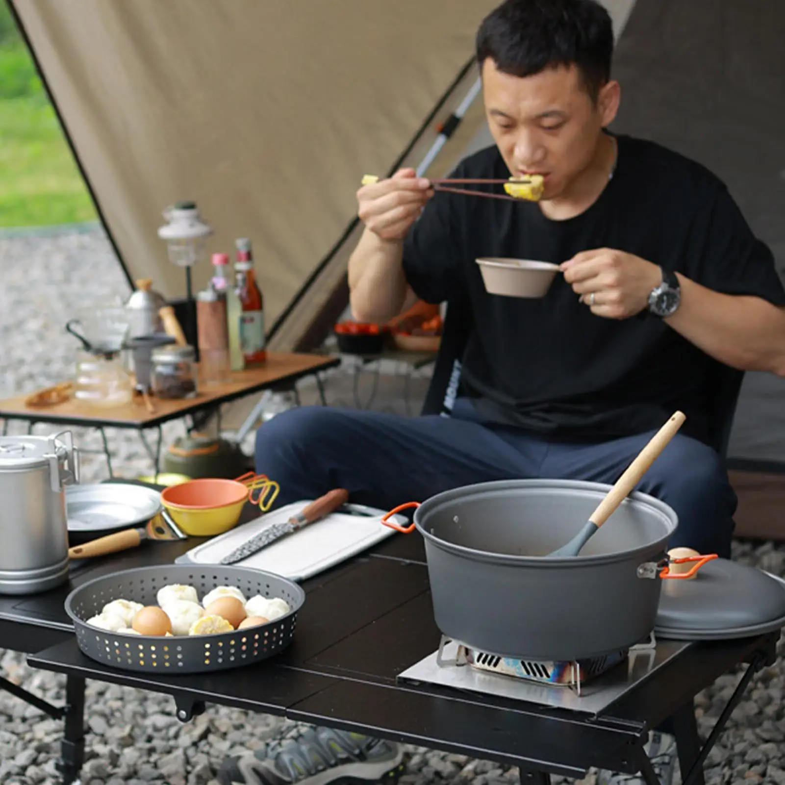 Camping Pan Large Capacity Steaming Camping Cookware Aluminum Alloy Heat-Resistant Camp Steamer Portable Picnic Gear for Boiling