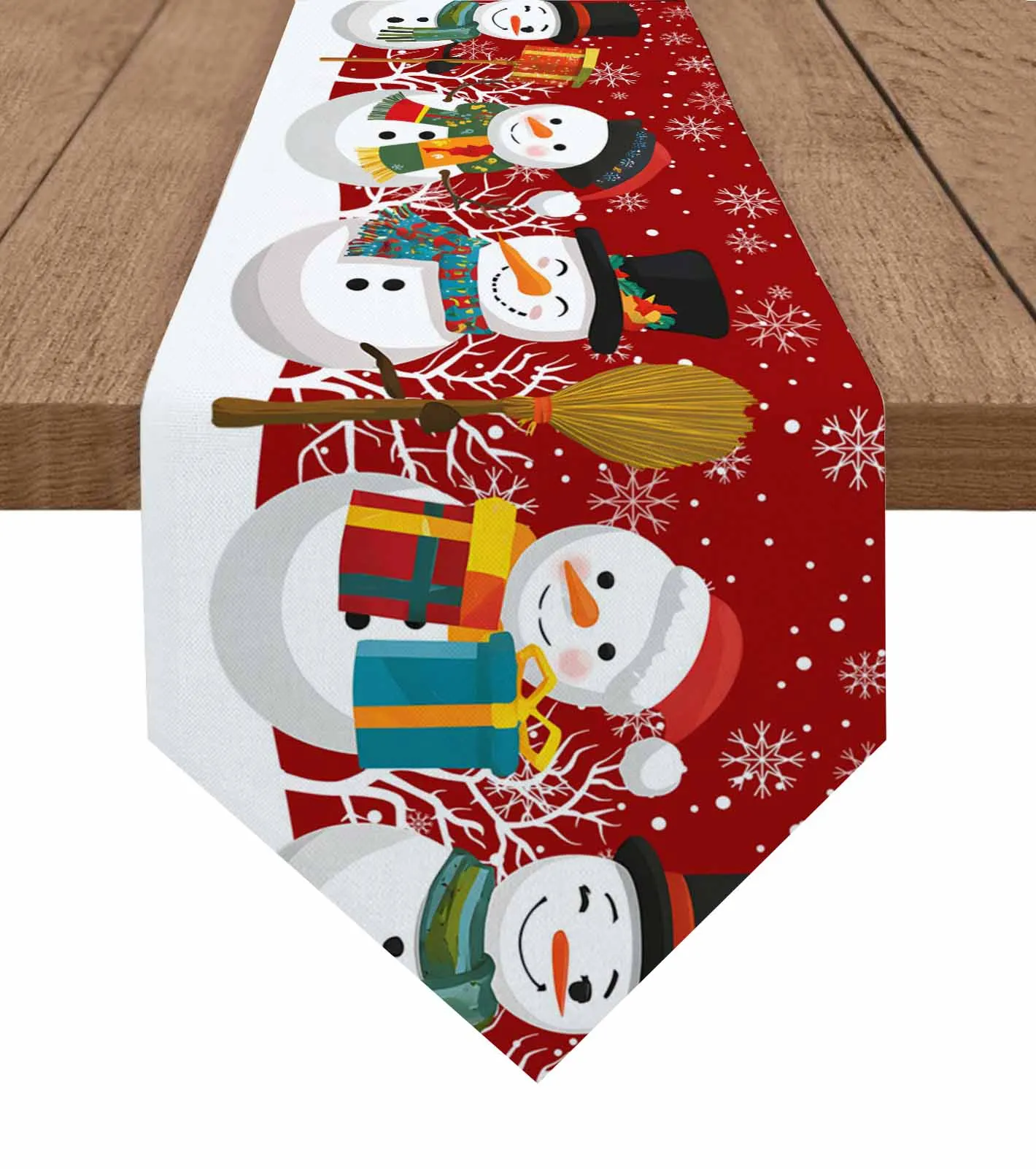 

Winter Red Bottom Snowman Table Runner Cover Cotton Linen Wedding Table Decor Tablecloth Kitchen Decor