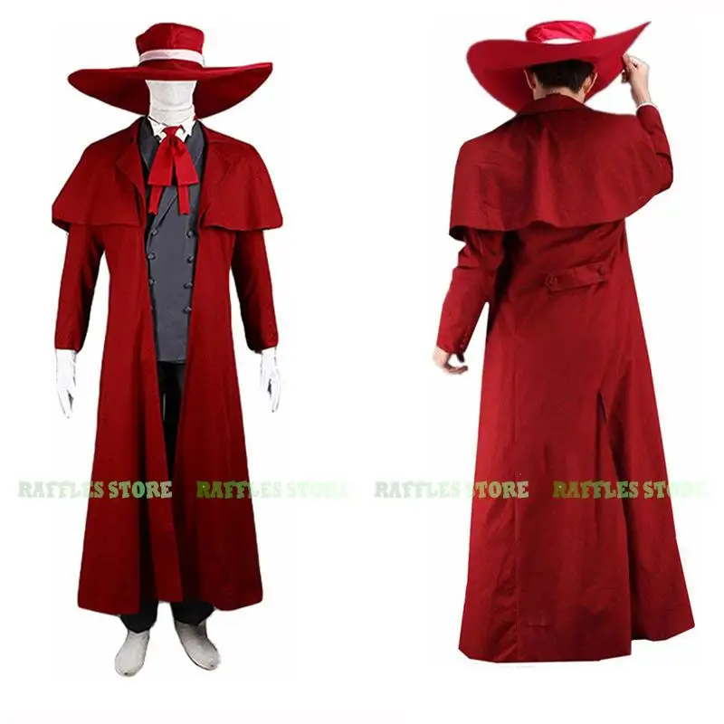 Anime comic hellsing alucard cosplay traje trincheira vermelha alucard van cosplay chapéu de vampiro traje halloween carnaval terno masculino